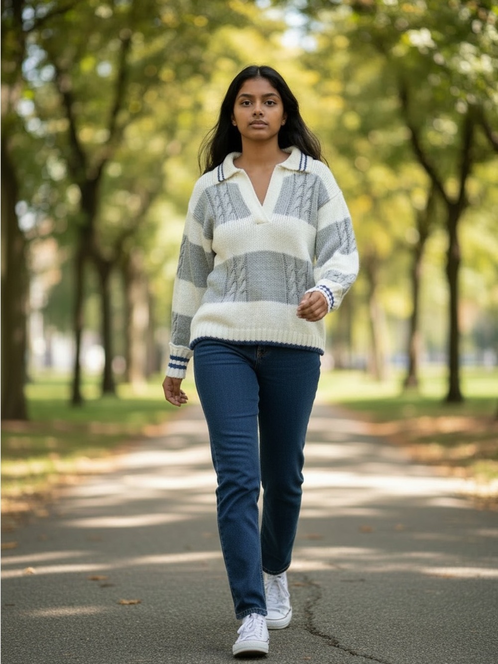 Tribal Cream and Gray Striped Cable Knit Sweater
